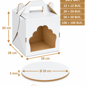Set cutie tort alb/kraft cu fereastră 28x28x30 cm cu Disc gros tort alb/kraft O28 cm 3 mm Art