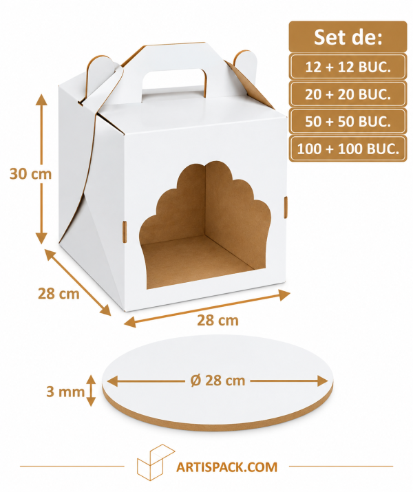 Set cutie tort alb/kraft cu fereastră 28x28x30 cm cu Disc gros tort alb/kraft O28 cm 3 mm Art