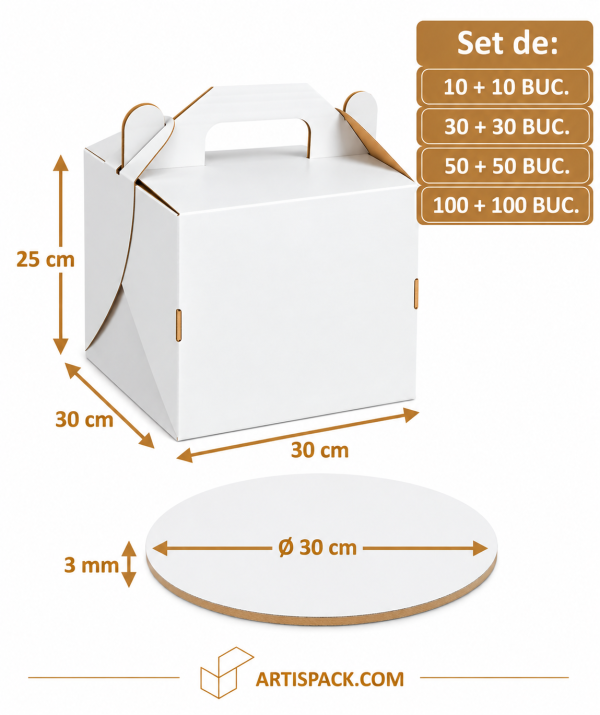 Set cutie tort alb/kraft cu mâner 30x30x25 cm cu Disc gros tort alb/kraft O30 cm 3 mm Art