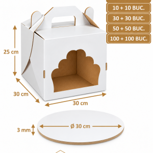 Set cutie tort alb/kraft cu fereastră 30x30x25 cm cu Disc gros tort alb/kraft O30 cm 3 mm Art