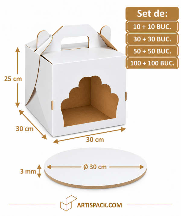 Set cutie tort alb/kraft cu fereastră 30x30x25 cm cu Disc gros tort alb/kraft O30 cm 3 mm Art