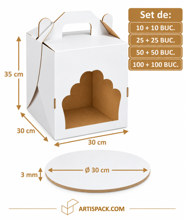 Set cutie tort alb/kraft cu fereastră 30x30x35 cm cu Disc gros tort alb/kraft O30 cm 3 mm Art