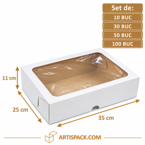 Cutie tort alb/kraft cu fereastră 35×25×11 cm ArtisPack, pentru ambalarea și transportul torturilor.