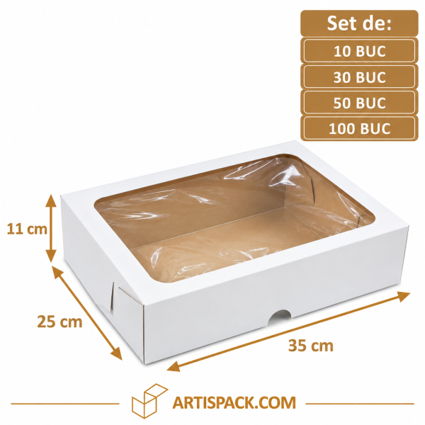 Cutie tort alb/kraft cu fereastră 35×25×11 cm ArtisPack, pentru ambalarea și transportul torturilor.
