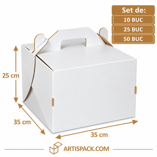 Cutie tort alb/kraft cu maner 35x35x25 cm Art Cutie tort alb/kraft cu maner 35x35x25 cm, seturi de 10, 25 si 50 bucati