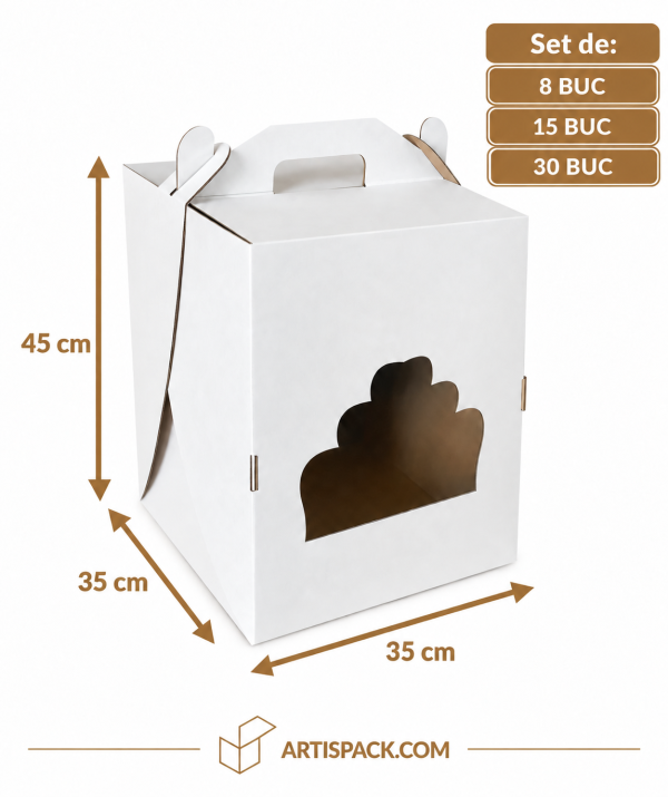 Cutie pentru tort alb/kraft 35,5 × 35,5 × 45 cm cu fereastră, ArtisPack